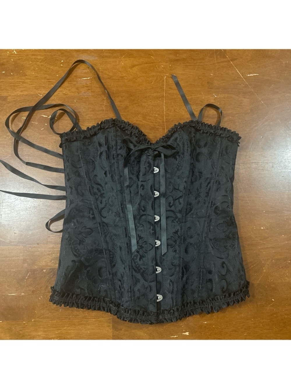Black Lace-Textured Corset-Style Bustier with Front Hook Closure